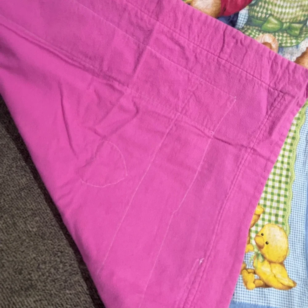 Vtg Handmade‎ Baby Quilt Blue Jean Teddy Animals Numbers Nursery Blanket 44x36